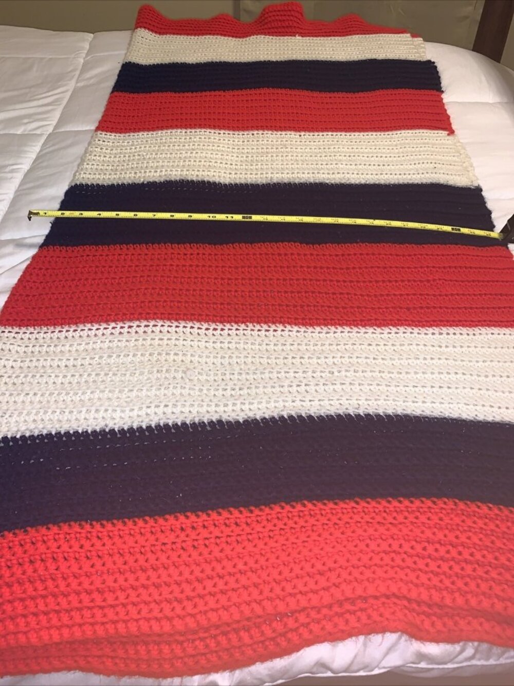 Handmade crochet afghan Red, White/blue 48x54  Patriotic Stripe